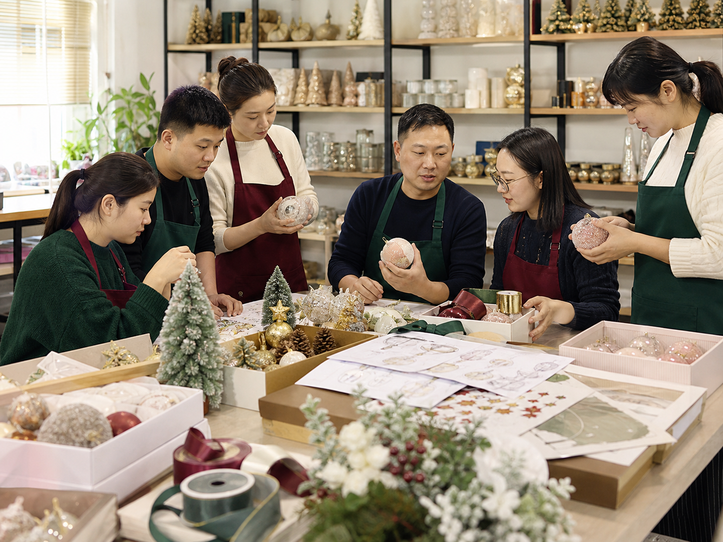 Factory team reviewing Christmas gift samples