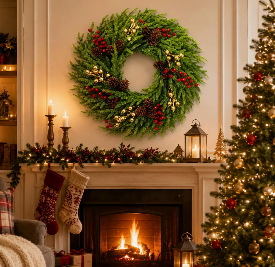 Christmas wreath in a festive home setting